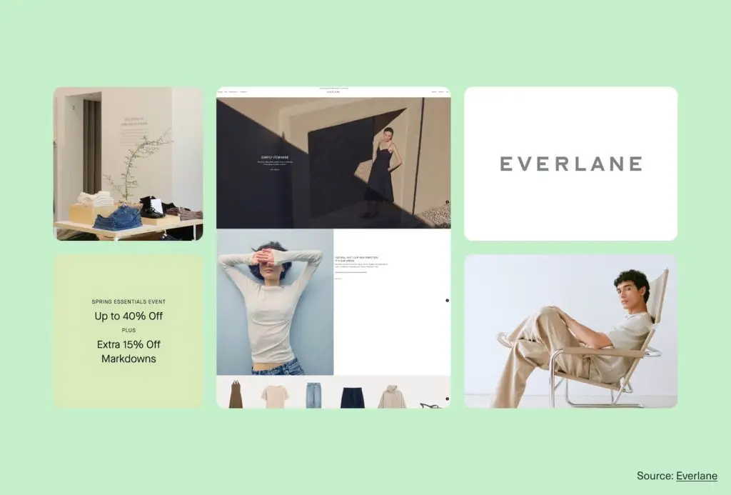 Collage of Everlane’s honest, modern emotional branding with minimal fashion photography, clean layouts, and soft neutral design