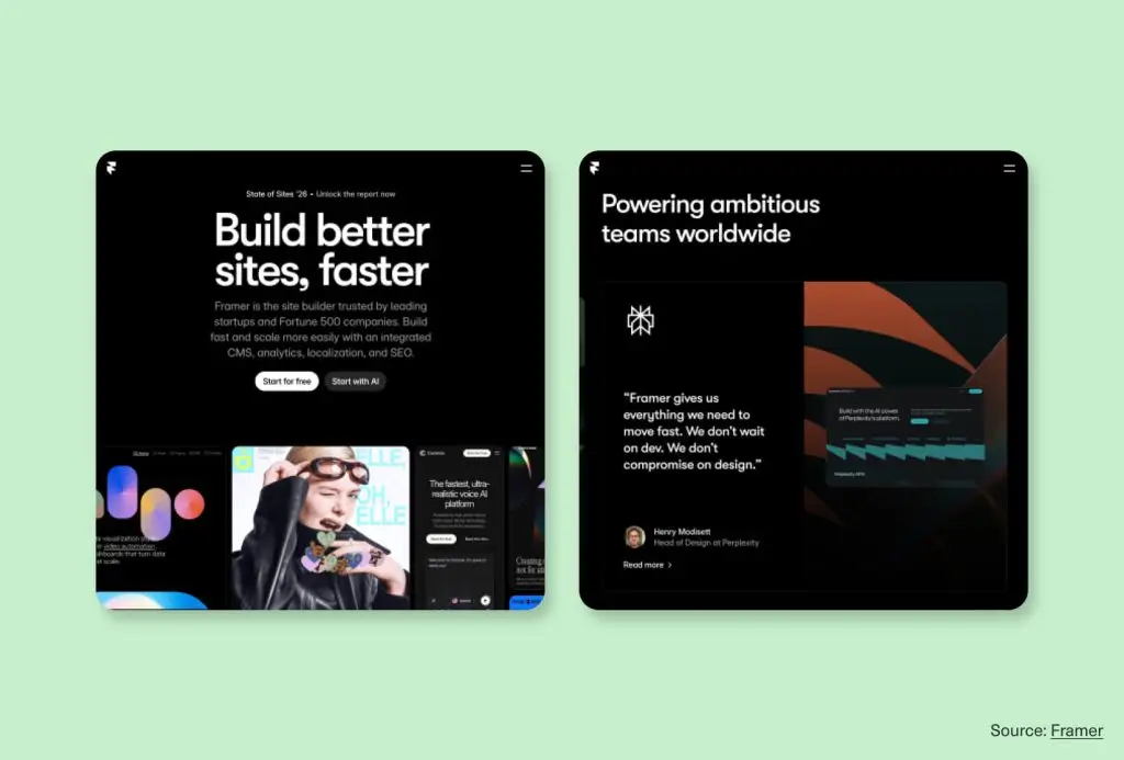 Framer website example with bold typography, customer proof, and product visuals, showing how trust is built into modern web design.
