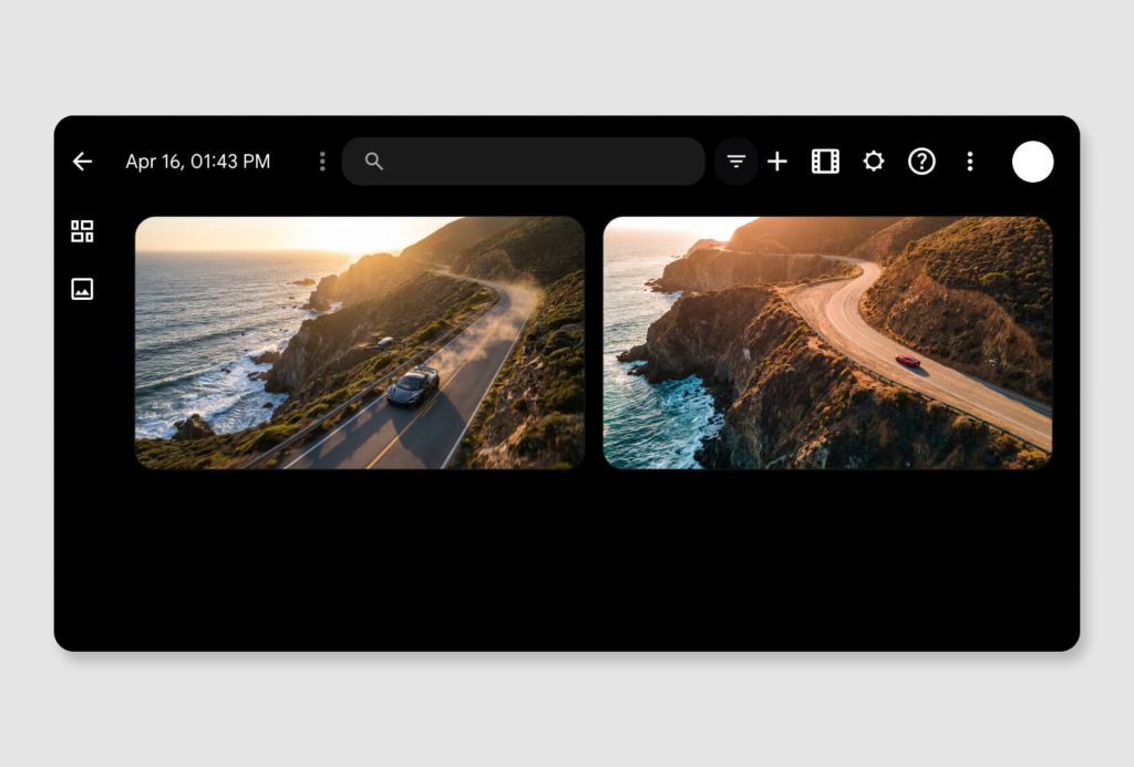 Google Flow interface showing AI-generated driving scene variations for video concept development and motion design testing.
