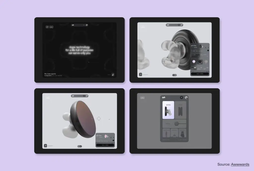 Interactive iyO website screens with 3D product visuals and motion design, illustrating how animation supports modern website design in 2026.