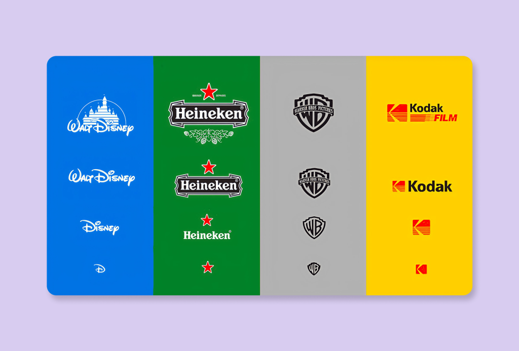 Responsive logo system examples from Disney, Heineken, Warner Bros, and Kodak across different sizes and lockups
