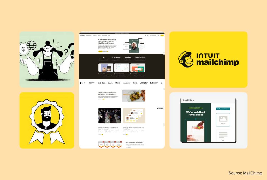 Collage of Mailchimp’s playful emotional branding with quirky illustrations, bold yellow logo, website design, and email editor visuals