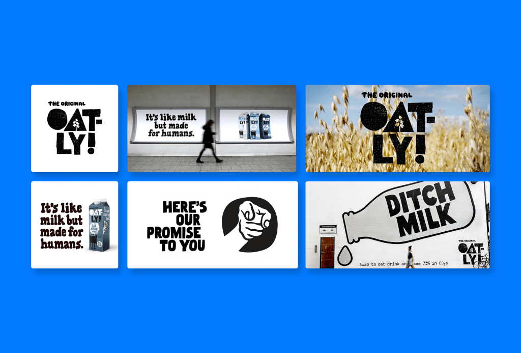 Oatly visual identity system showing logo, bold typography, outdoor ads, packaging, and expressive campaign messaging