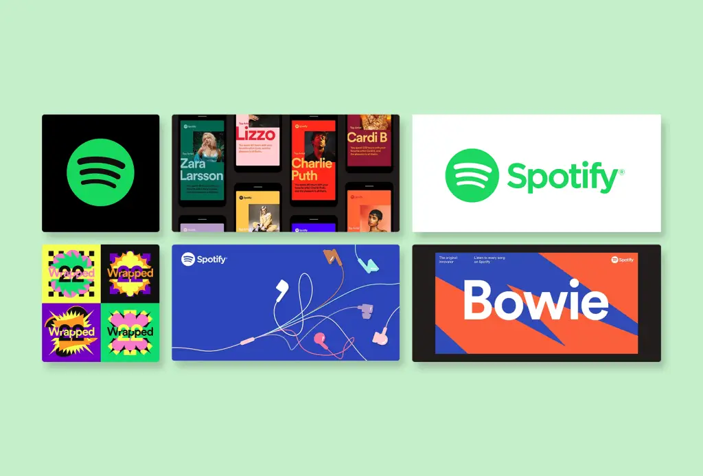 Spotify visual identity system showing logo, artist promotions, Wrapped graphics, campaign design, and bold branded layouts