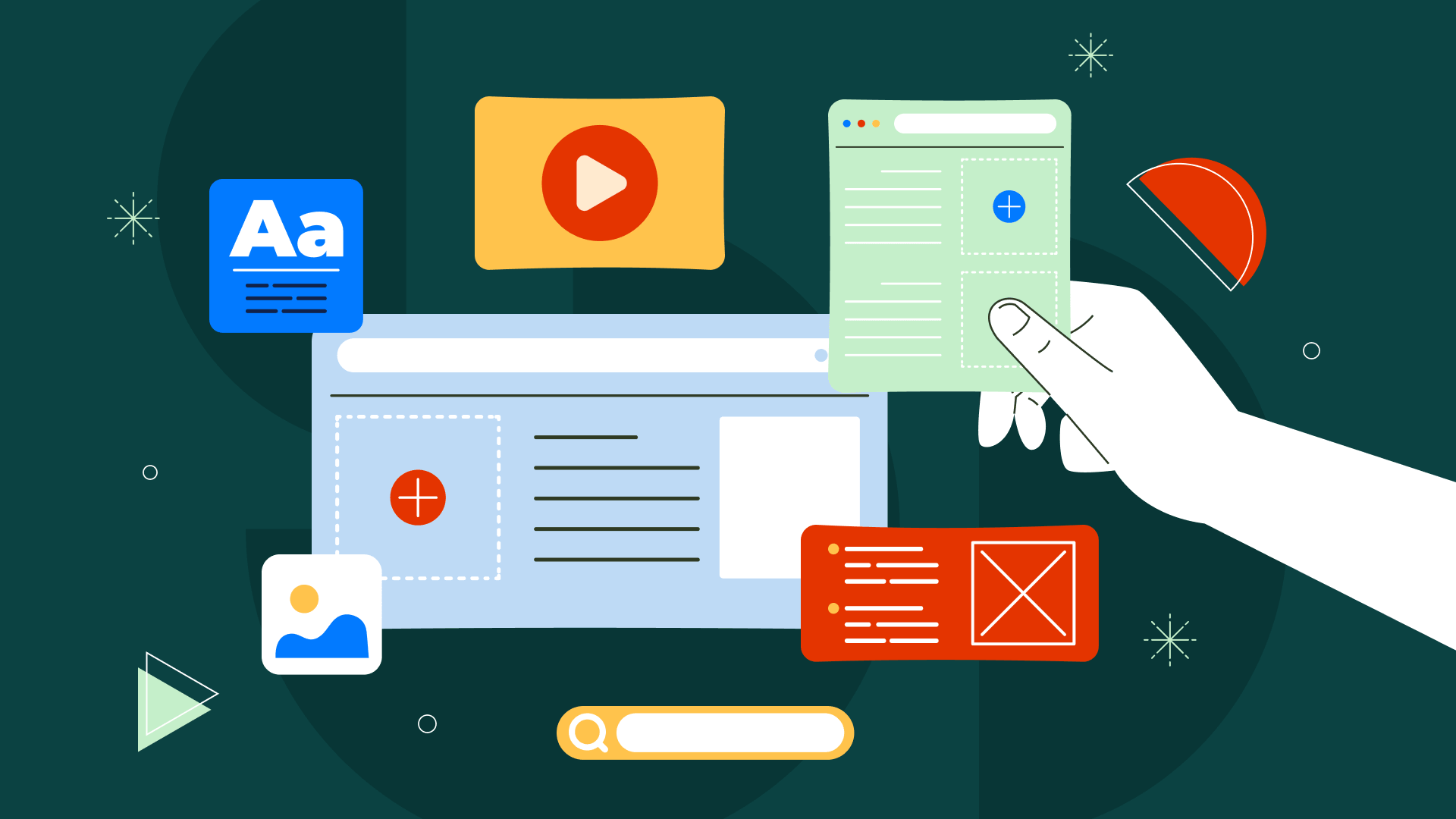 Illustration of website design elements including typography, video, images, search, and UI blocks, representing what the top website designs in 2026 have in common.