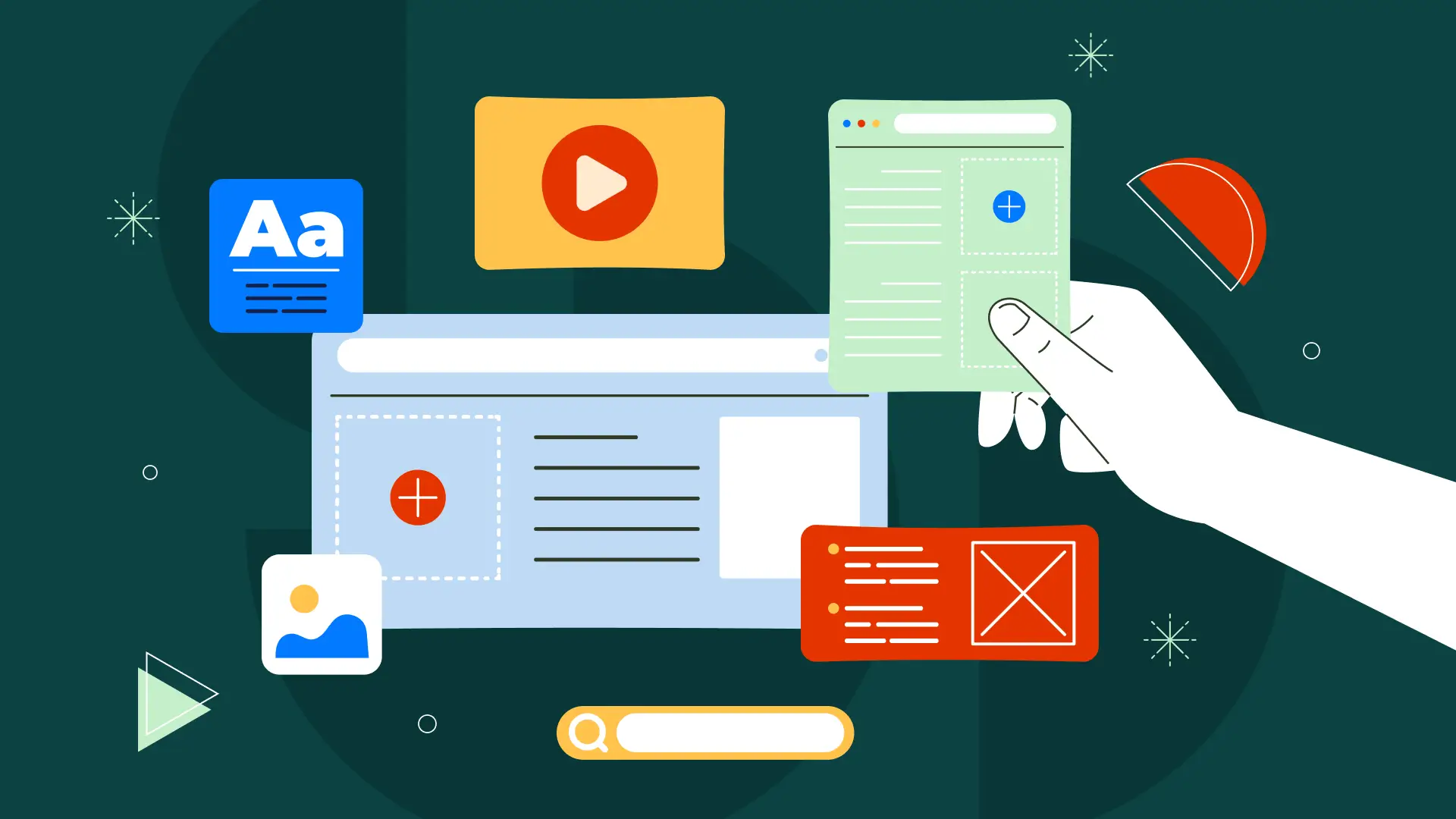 Illustration of website design elements including typography, video, images, search, and UI blocks, representing what the top website designs in 2026 have in common.