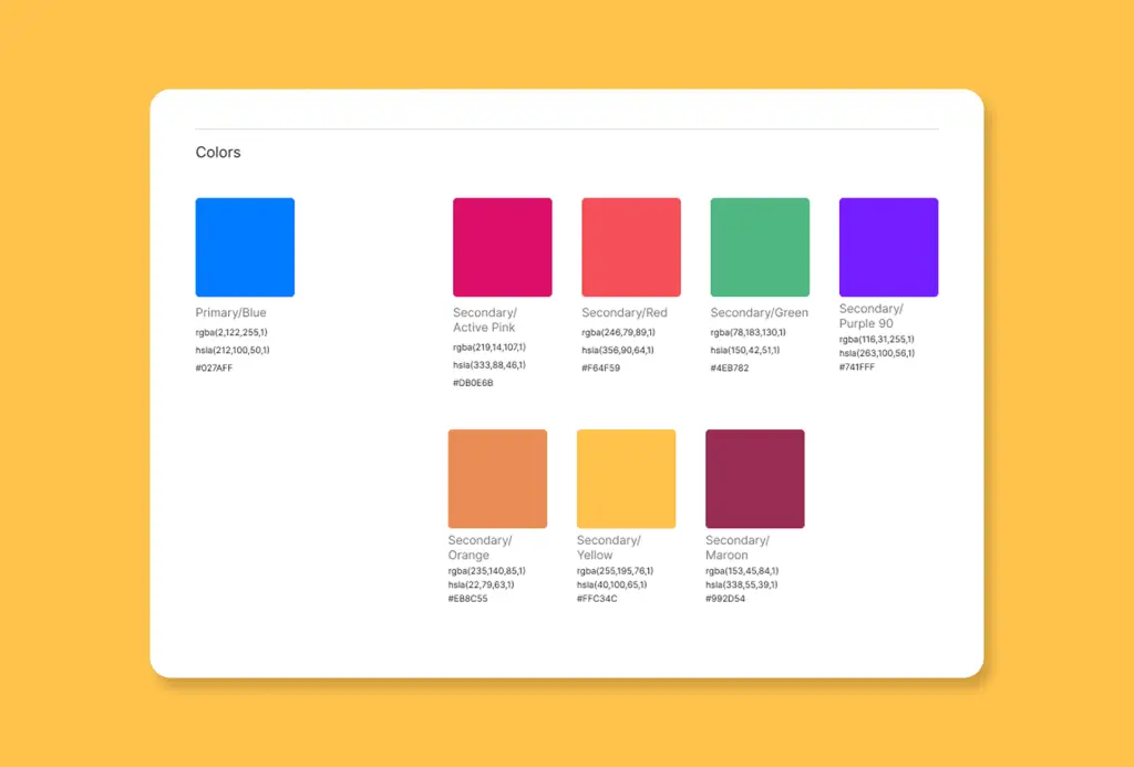 Brand color system example showing primary and secondary colors with labeled swatches and visual identity color values