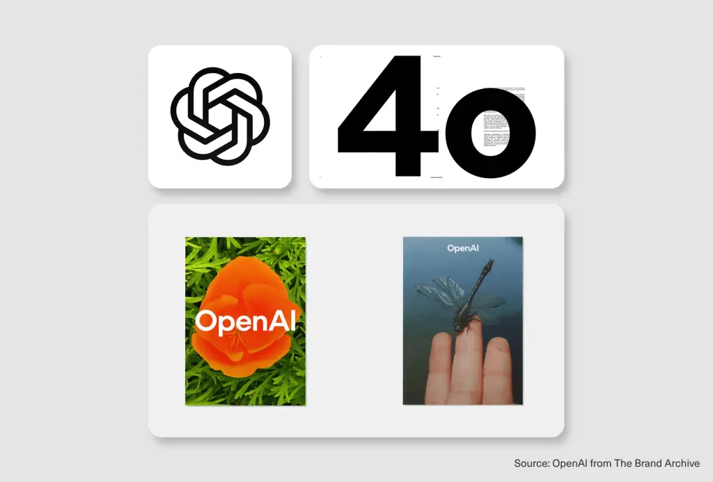Visual identity collage showing OpenAI logo, typography, photography, and campaign imagery as part of a cohesive brand system