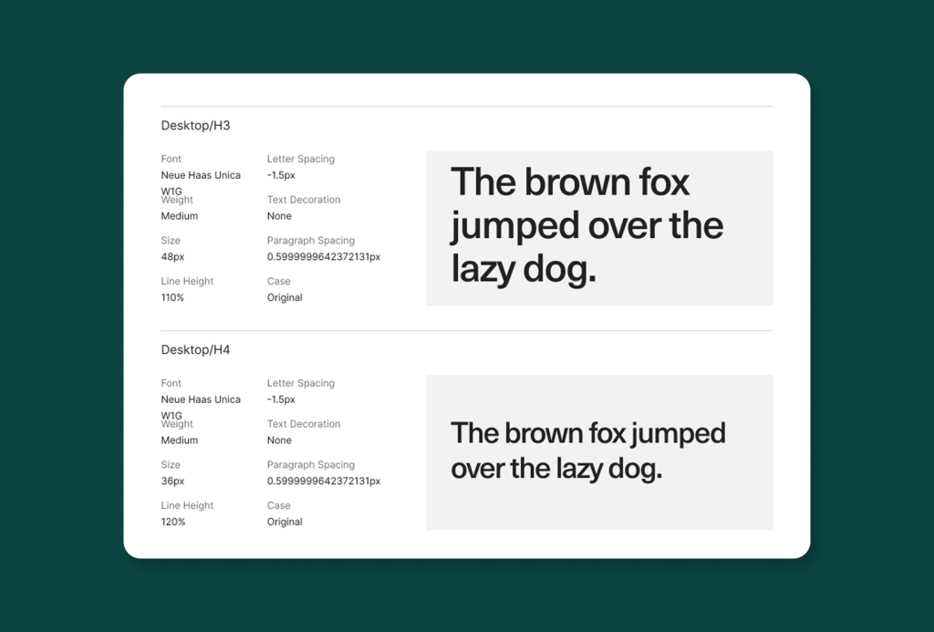Brand typography system showing heading styles, font specifications, spacing, and hierarchy for desktop design