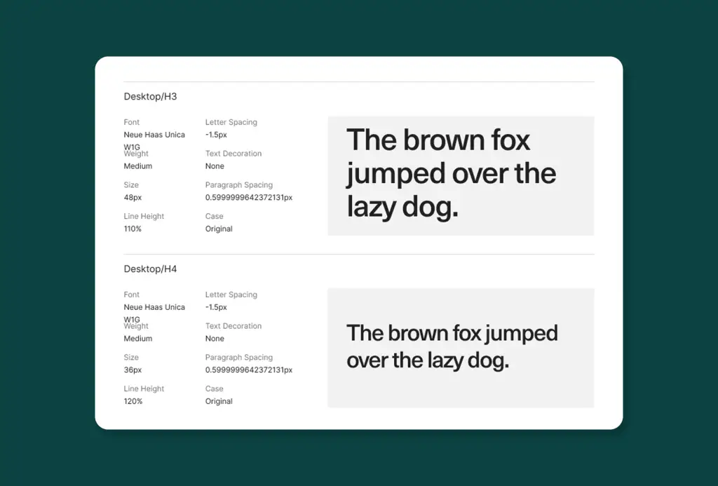 Brand typography system showing heading styles, font specifications, spacing, and hierarchy for desktop design