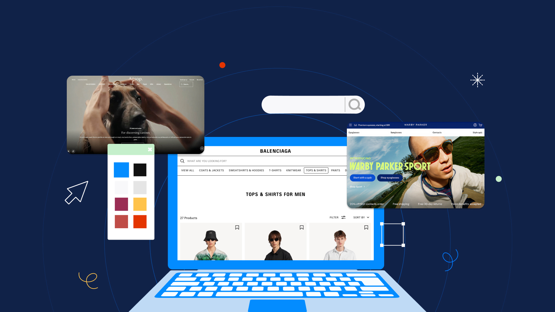 Collage of website design examples on a laptop screen, featuring ecommerce and lifestyle brand websites across different industries