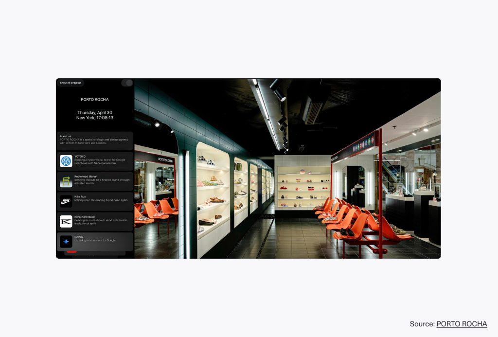 Screenshot of the PORTO ROCHA website showing a creative agency portfolio layout with a project navigation panel and featured interior image