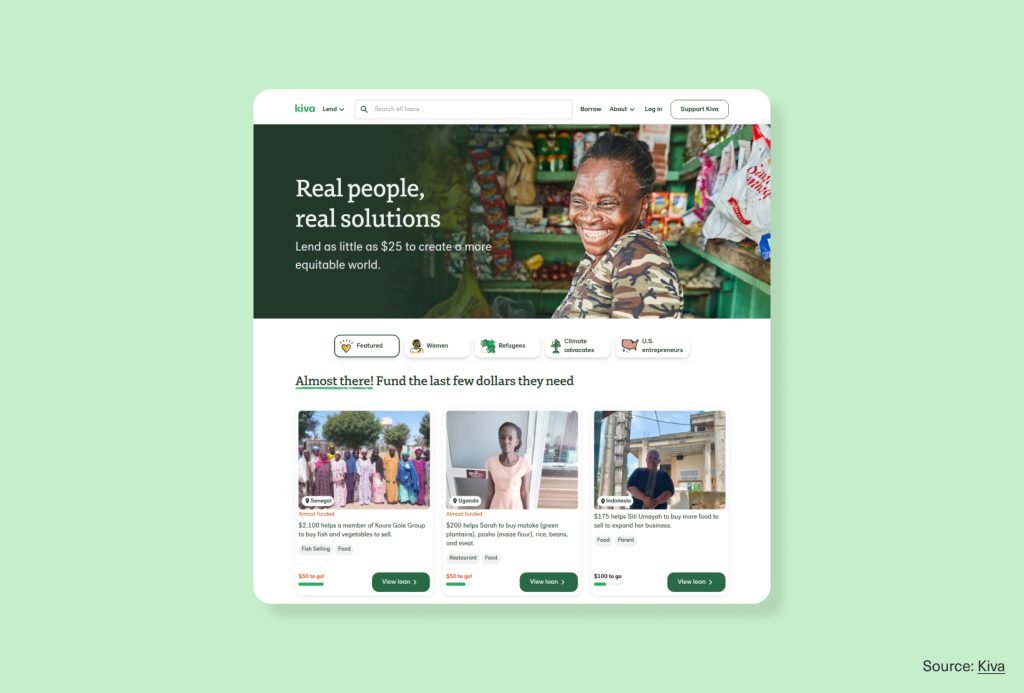 Screenshot of the Kiva homepage showing a nonprofit website design with a mission-driven hero image and featured fundraising listings