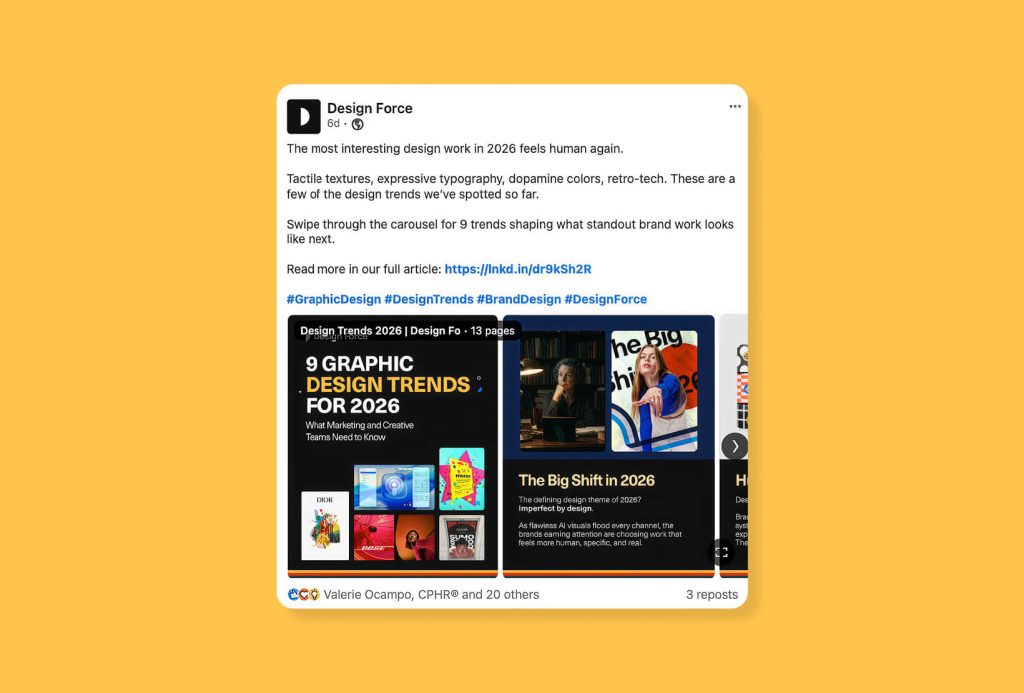 LinkedIn carousel post showcasing 2026 graphic design trends and effective social media content design.