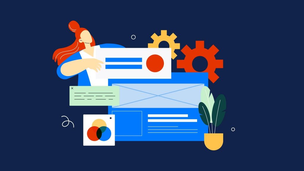 Illustration of a designer building a brand system with layouts, color elements, and workflow gears