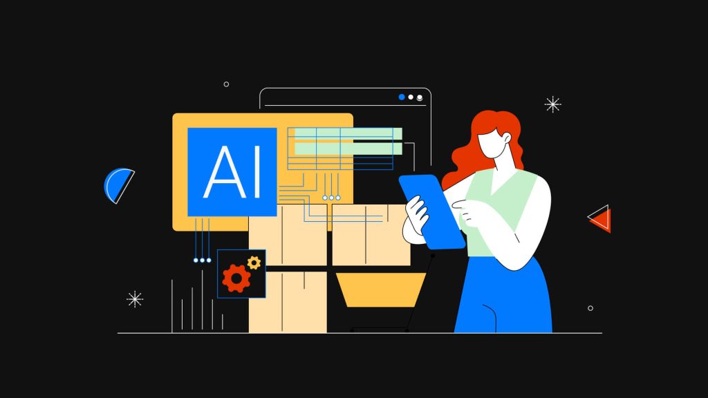 Illustration of a designer using AI to generate and structure UI layouts on a digital interface