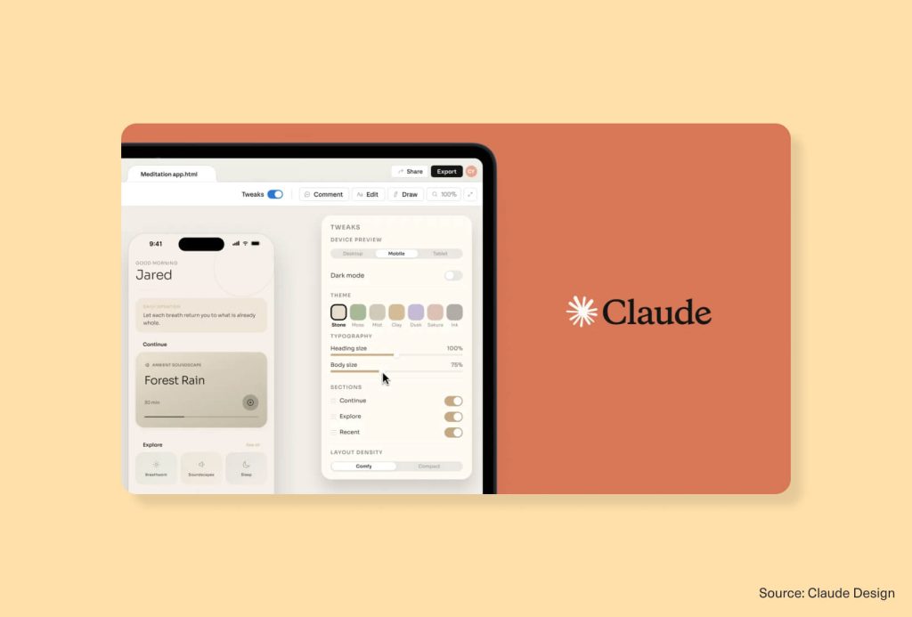 Claude Design interface showing a mobile meditation app preview with theme, typography, and layout controls