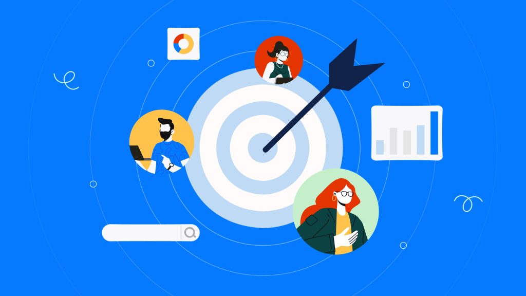 Illustration of a target audience strategy with customer personas, analytics, and a marketing goal arrow.