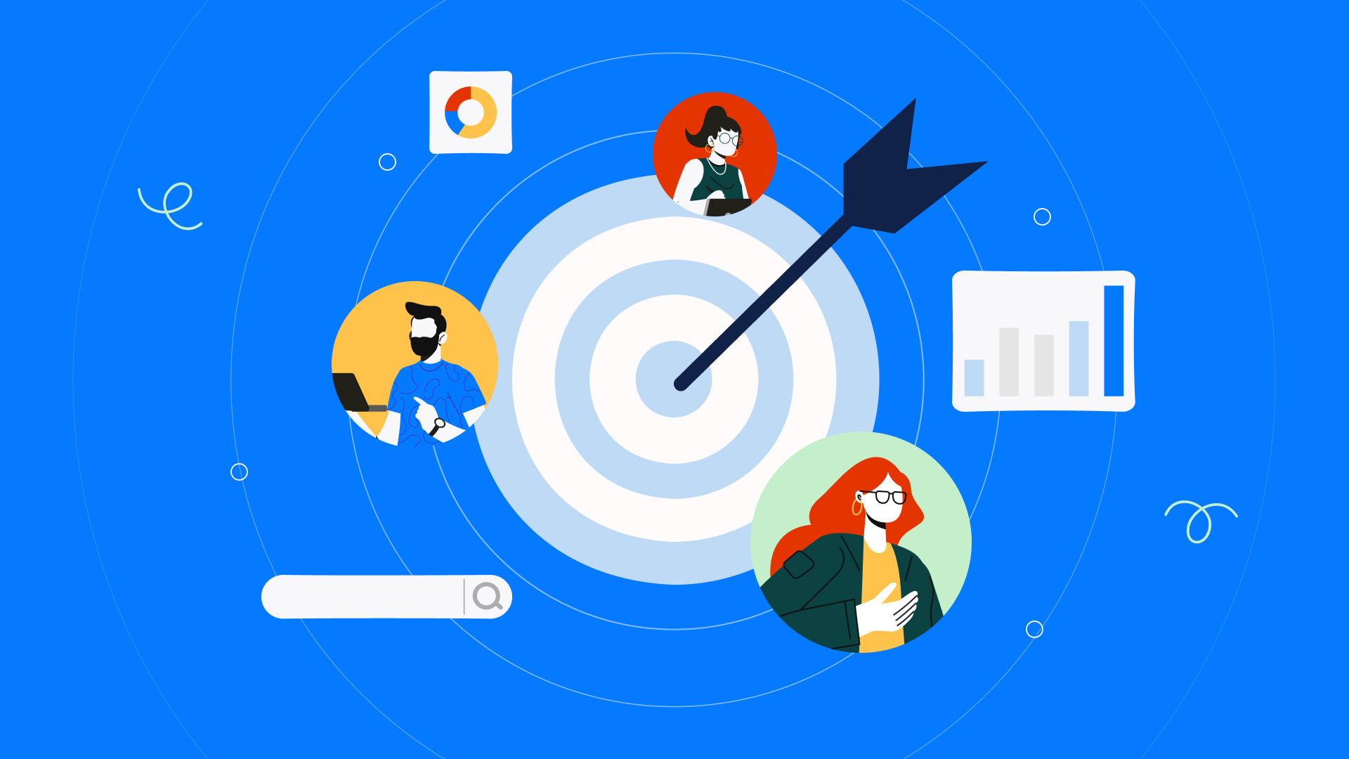 Illustration of a target audience strategy with customer personas, analytics, and a marketing goal arrow.