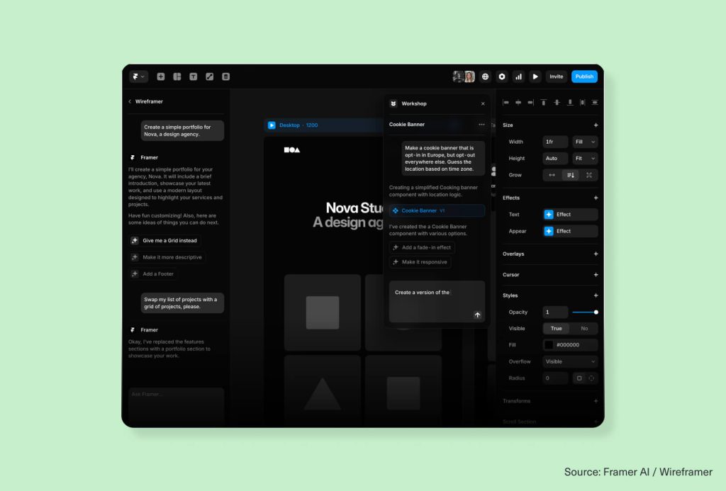 Framer Wireframer interface showing AI prompts, responsive layout controls, and a website design canvas