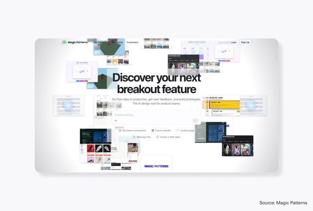 Magic Patterns homepage showing an AI design prompt area surrounded by product UI examples