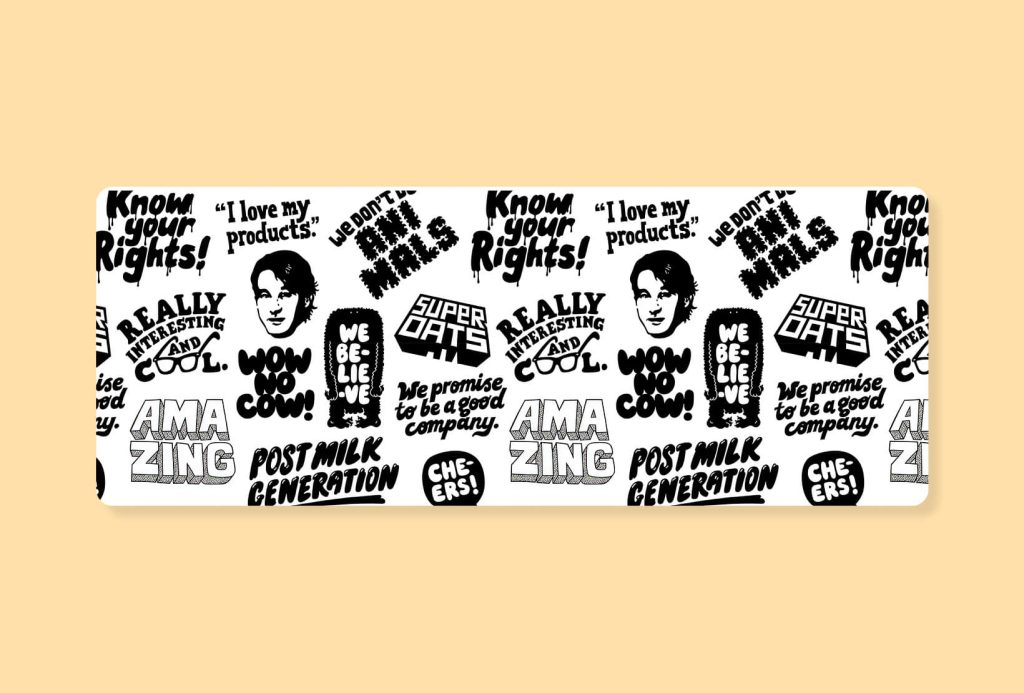 Bold typography and branded graphic design elements used in social media marketing by Oatly.