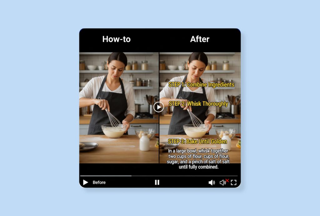 Video content with on-screen text and captions optimized for silent viewing on social media platforms.