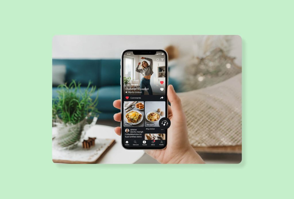 Social media video content displayed on a mobile phone, demonstrating engaging visual design and content formats for social media marketing.