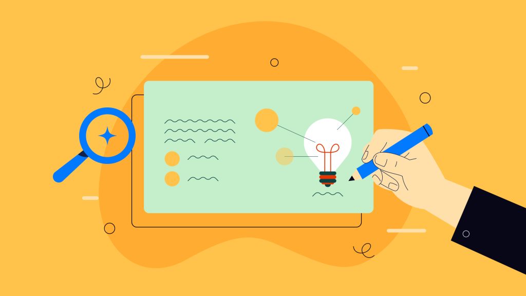 Illustration of a hand sketching a light bulb and content layout on a digital whiteboard